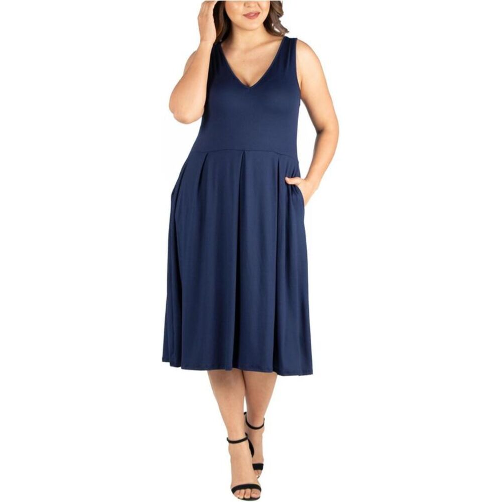 24seven Womens Plus Size Pocket Midi Fit & Flare Dress, NWT
